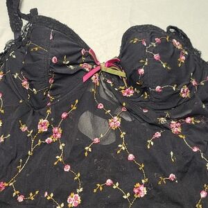 Floral Embroidered Chemise Set Women XXL Black Pink Sheer Mesh 2pc Bottoms  M